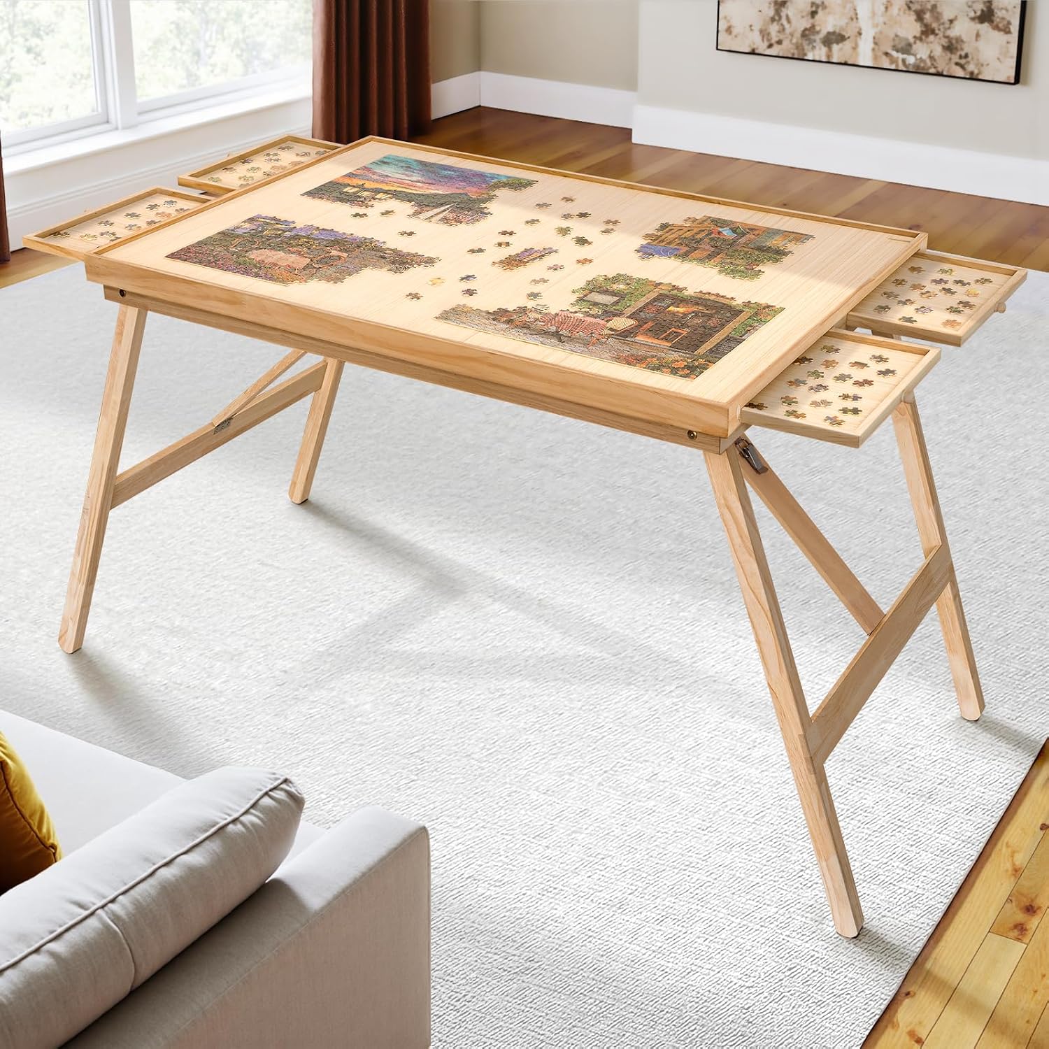 TEAKMAMA 27.6' H Tall 2000 Piece Puzzle Table with Legs, 41' W x 28.5' D Large Wood Folding Jigsaw Puzzle Board with Cover for Adults, 4 Drawers, Nature