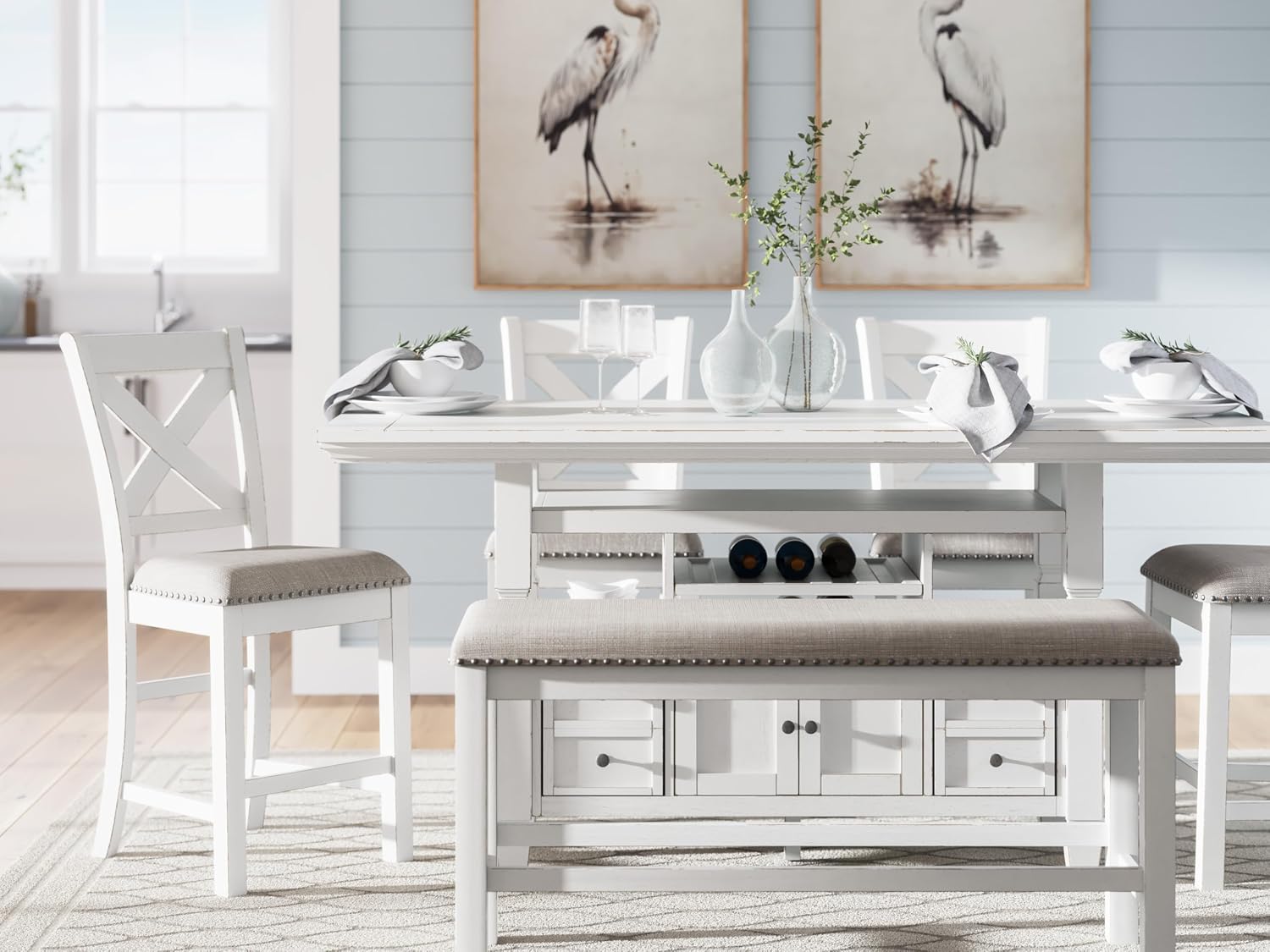 Signature Design by Ashley Robbinsdale Casual Counter Height Dining Table with 10 Bottle Wine Storage, Open Shelves, Drawers and Cabinet, Antiqued White Finish, 36' W x 72' L x 37' H
