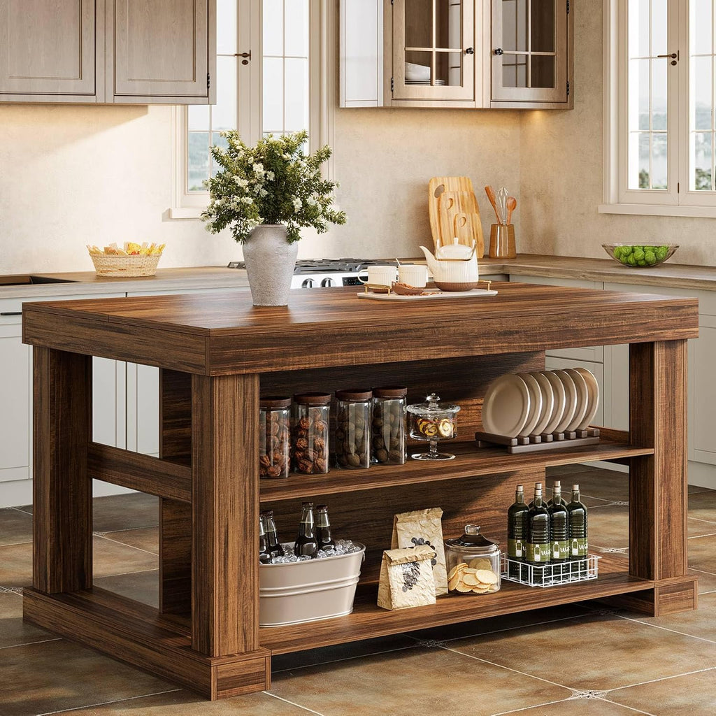 Tribesigns 55' Kitchen Island with Seating and Storage, 3-Tier Farmhouse Wood Stationary Island Table with Large Worktop & Leg Room, Coffee Bar Table with Storage Shelves for Kitchen, Dark Brown
