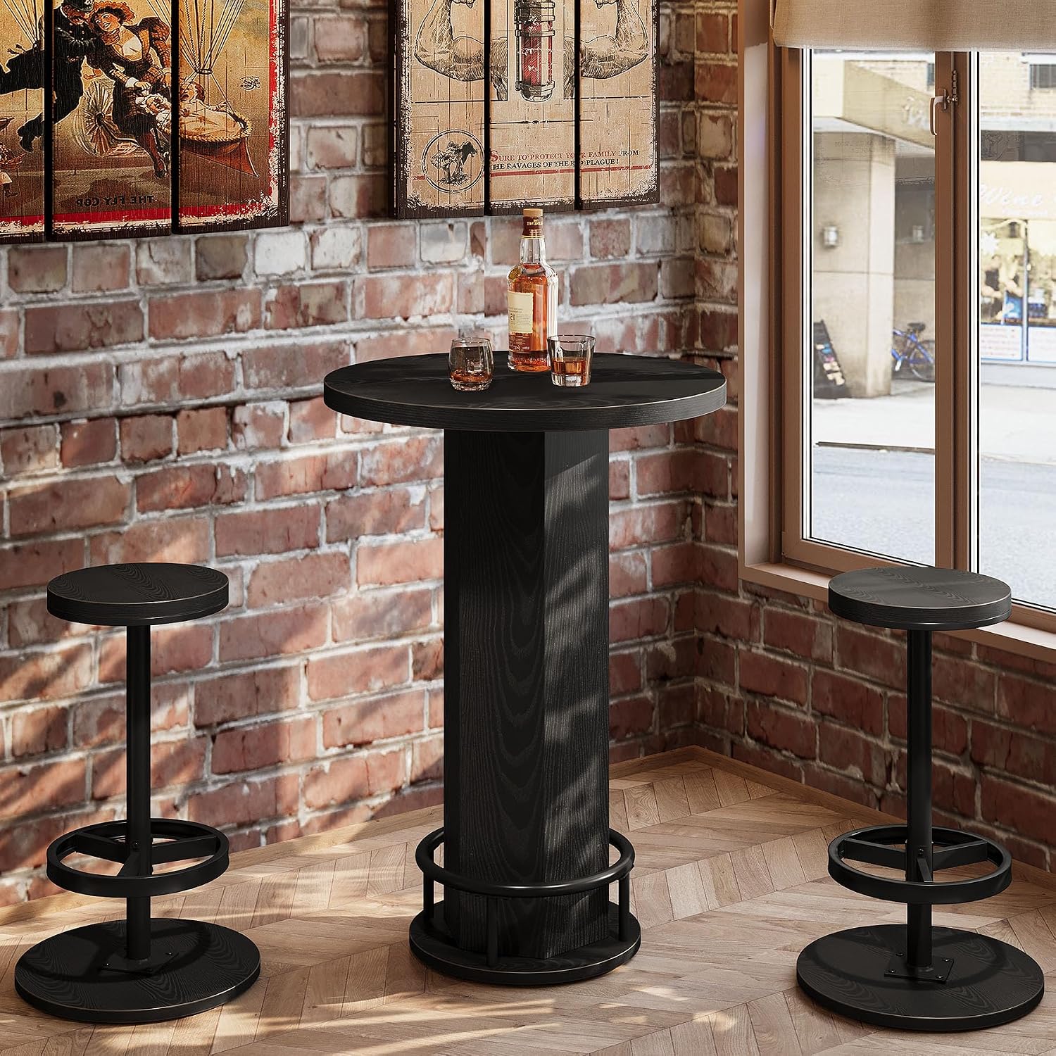 Tribesigns 3-Piece Dining Table Set of 2, Small Round Kitchen Table with 2 Chairs,Black Counter Height Bar Table, Pub Table for Small Space, Apartment, Bistro