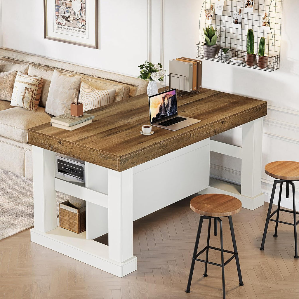 Tribesigns Bar Table, 55-Inch Counter Height Pub Table with Storage Shelves, High Top Kitchen Dining Table, Rectangle Wood Home Bar Unit for Dining Room, Bistro, White and Brown