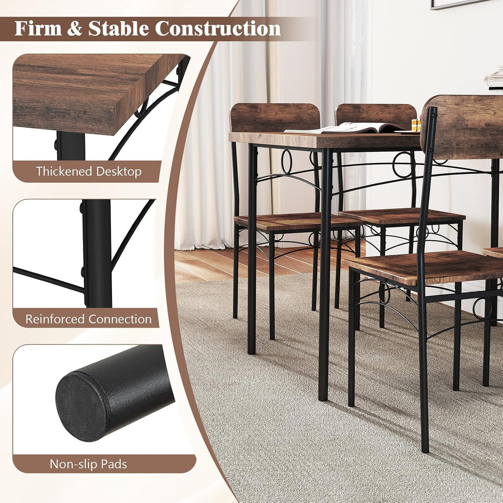 Giantex Dining Table Set for 4, Rectangle Kitchen Table and 4 Farmhouse Dining Chairs with Heavy-Duty Metal Frame, Wood Grain Surface,Space-Saving Dinette Set for Small Space, Home, Restaurant