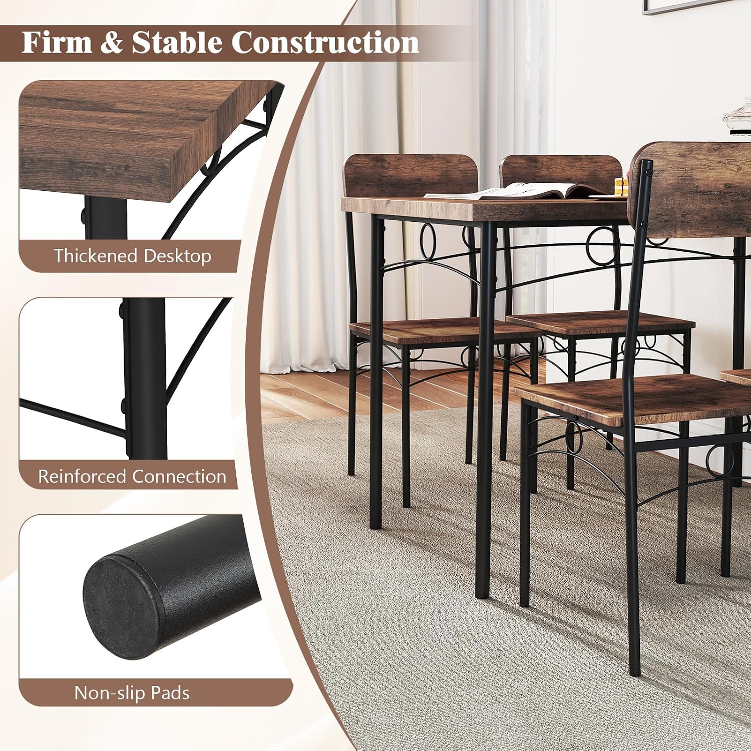 Giantex Dining Table Set for 4, Rectangle Kitchen Table and 4 Farmhouse Dining Chairs with Heavy-Duty Metal Frame, Wood Grain Surface,Space-Saving Dinette Set for Small Space, Home, Restaurant