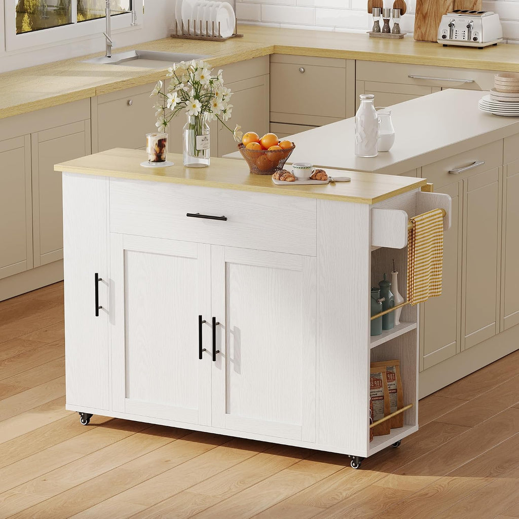 IRONCK Kitchen Island with Storage, 47.2in Rolling Island on Wheels, Kitchen Cart with Drop Leaf, Drawer and Towel Rack for Home, Dining Room