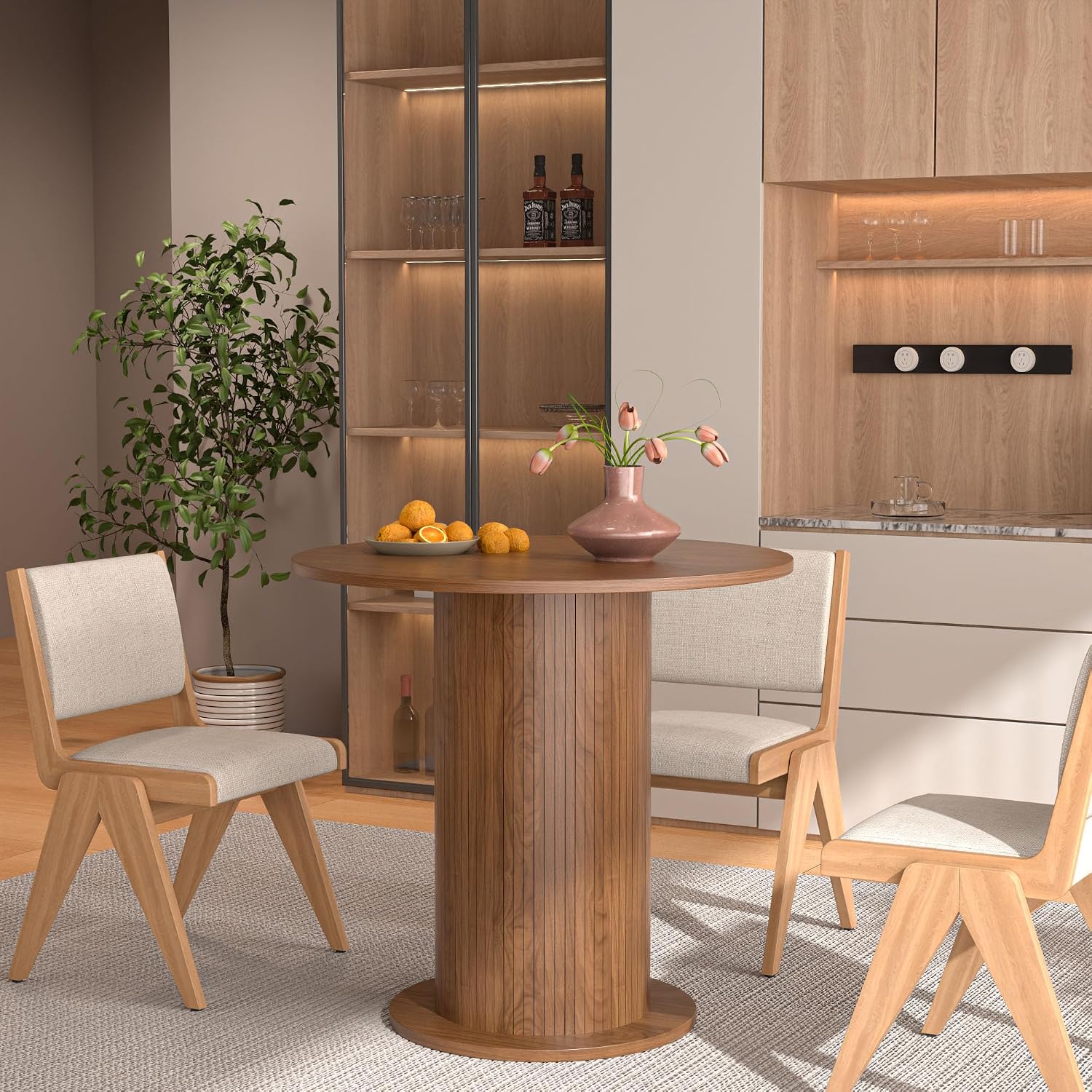 31.5 inch Round Dining Table for 2, Modern Farmhouse Kitchen Table, Small Circle Dining Tables with Wood Strip Base for Kitchen Living Room (Walnut)