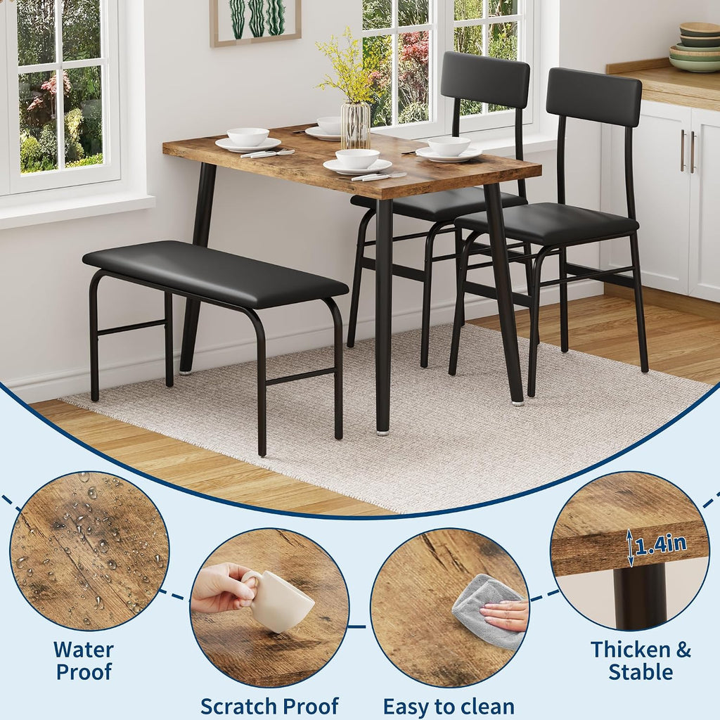 IDEALHOUSE Dining Table Set for 4, 4 Piece Kitchen Table Set with Upholstered Bench & 2 Chairs, Breakfast Table for Samll Space, Dining Room, Apartment, Restaurant, Rustic Brown