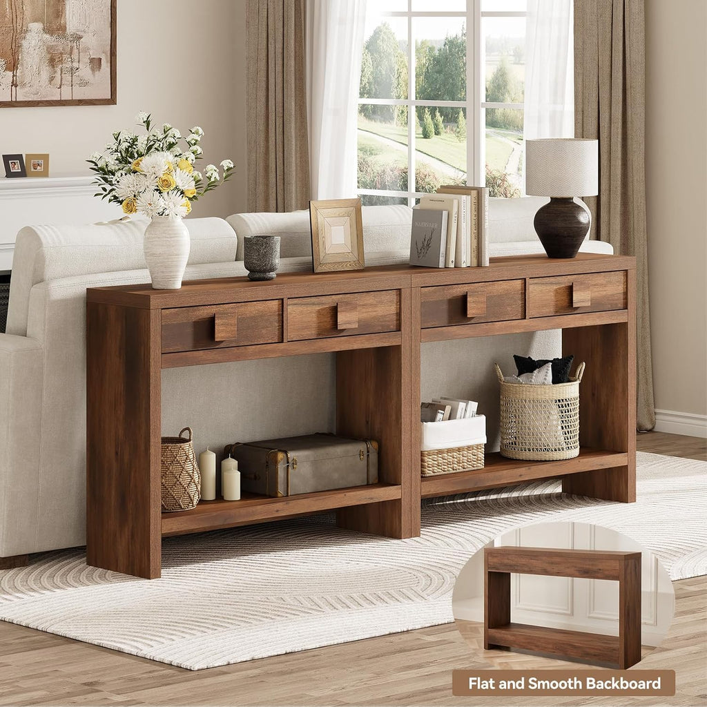 ONBRILL Console Table with Drawers, 40 Inch Narrow Entryway Table with Open Storage Shelves, Mid Century Modern Hallway Accent Tables Behind Couch Table for Living Room (Vintage Brown)