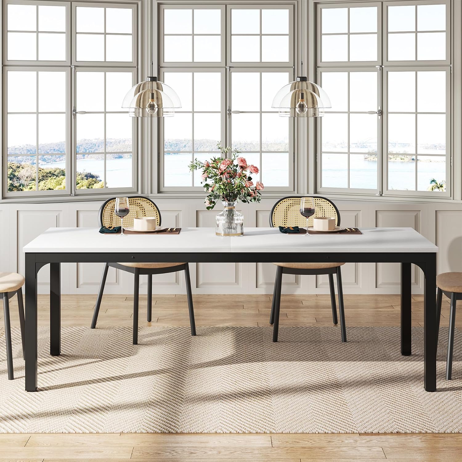 Tribesigns Dining Table for 6-8 People, 78-Inch Long Narrow Rectangular Dinner Table, 8 Seat Wood Kitchen Furniture for Dining Room (White+Black)