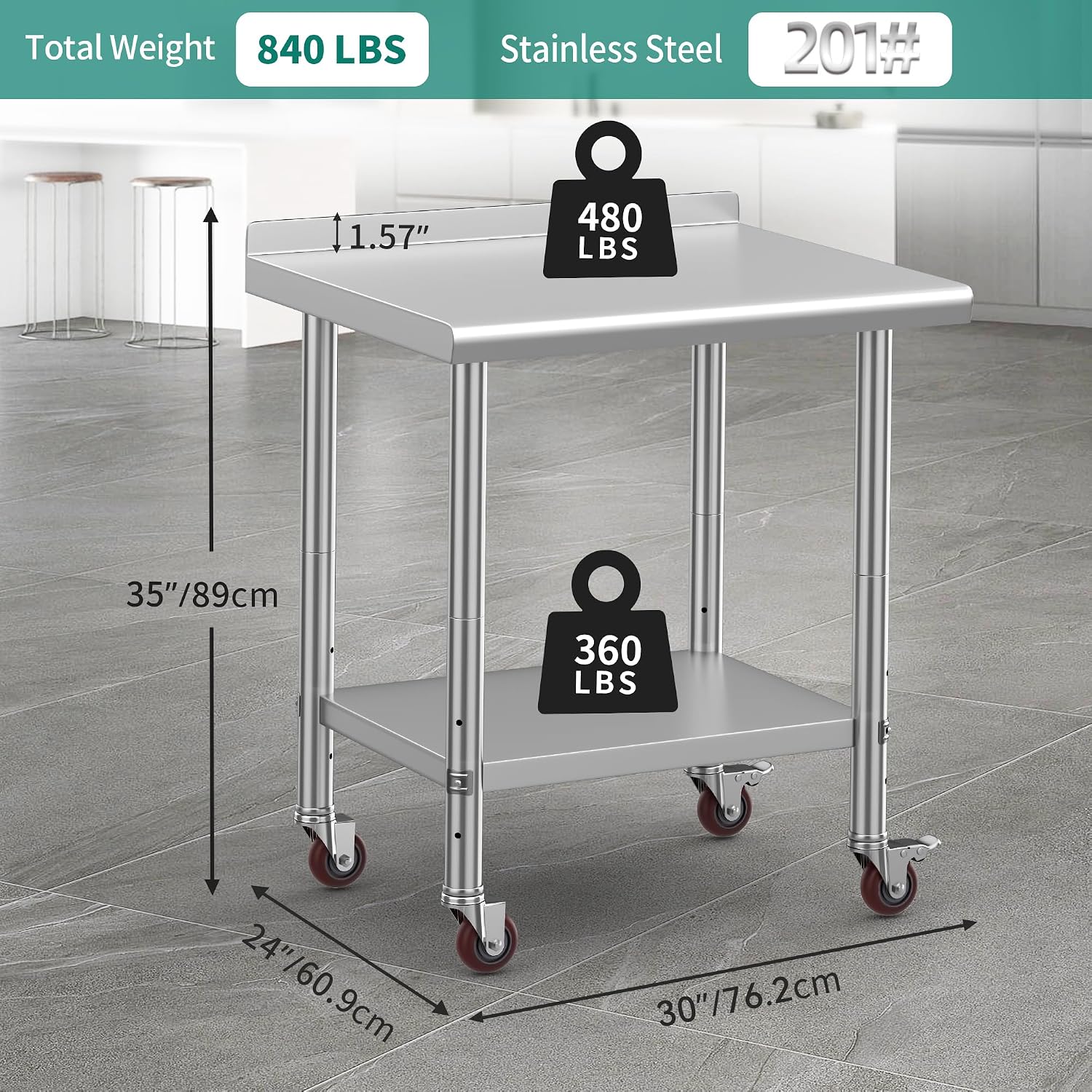 YITAHOME 30' x 24' Stainless Steel Table with Wheels for Prep & Work with Backsplash, NSF Metal Table Prep Table with Undershelf for Home Kitchen Restaurant Garage Warehouse