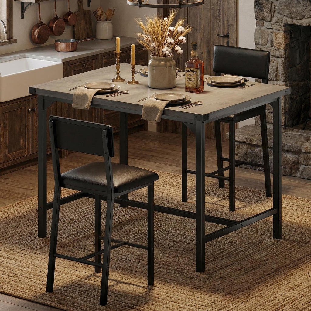 GarveeHome Dining Table Set for 2 w/Corner Protecto, Dining Room Table Set with Footrest & Backrest, Counter Height Table with 2 Upholstered Bar Stools, for Apartment, Pub, Rustic Gray