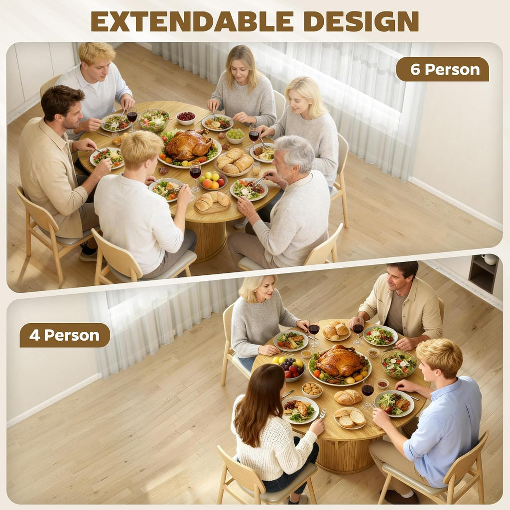 HOMCOM 43.3' to 59' Extendable Round Dining Table for 4-6, Farmhouse Transformer Dining Room Table with Removable Leaves, Circle Kitchen Table with Sliding Doors, Kitchen, Living Room, Natural Wood