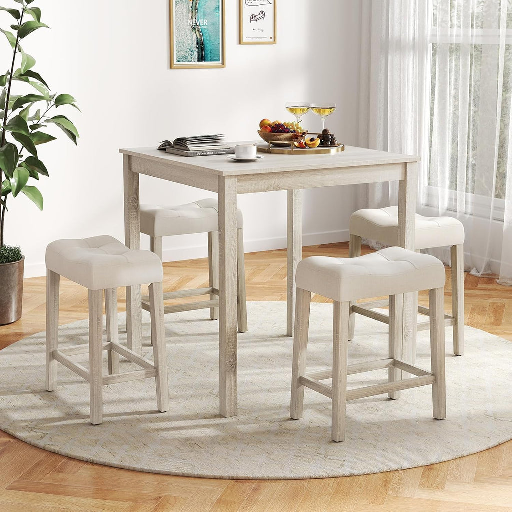 COSTWAY 5-Piece Bar Table Set, Square Breakfast Set for 4 w/Padded Stools, Small Kitchen Table Set w/Rubber Wood Legs, Space-Saving Dining Table Set for Living Room, Kitchen, Small Space