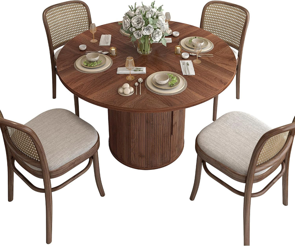 weselon 47 inch Round Dining Table for 4, Kitchen Table Dinner Table with 2-Layer Storage Shelf and Wood Slide Door for Home Dining Room Living Room (Walnut)