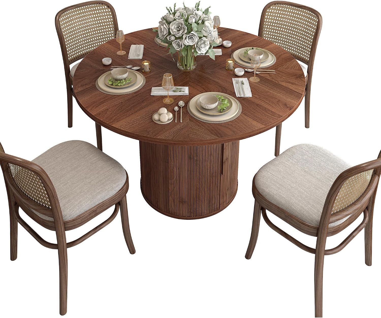 weselon 47 inch Round Dining Table for 4, Kitchen Table Dinner Table with 2-Layer Storage Shelf and Wood Slide Door for Home Dining Room Living Room (Walnut)