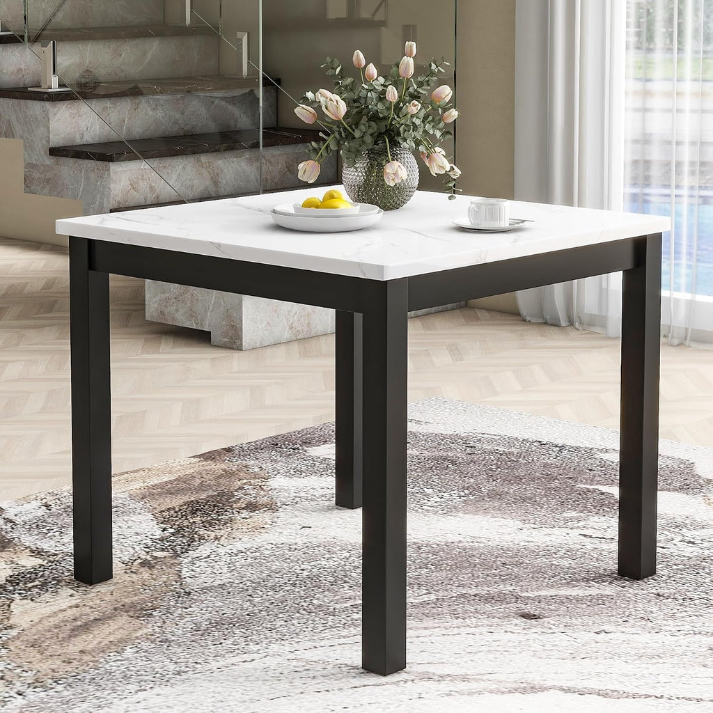 Merax Dining Table Set for 4, Counter Height Kitchen Table with Faux Marble Dining Table and 4 Upholstered-Seat Chairs, 5 Piece Dining Room Set, Black