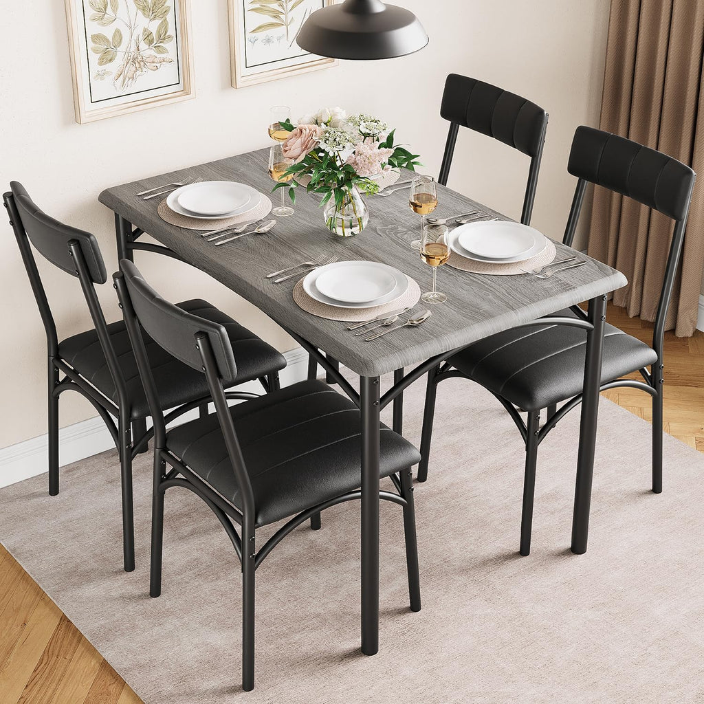 IDEALHOUSE Dining Table Set for 4, Kitchen Table and Chairs for 4 with Upholstered Chairs, 5 Piece Rectangular Kitchen Table Set, Dining Room Table Set for Small Space, Apartment, Retro Gray