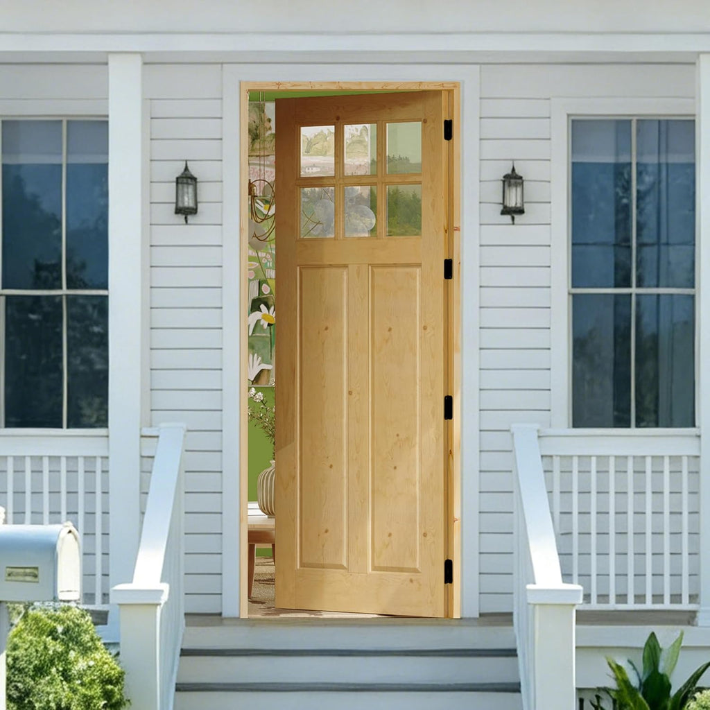 Front Door 32' x 80', 6-Lite Clear Glass Exterior Prehung Door, Right-Hand Inswing Entry Door, Solid Wood Frame, Door Slab + Prehung Door Jamb Kit with 4 Black Hinges, Waterproof Primer