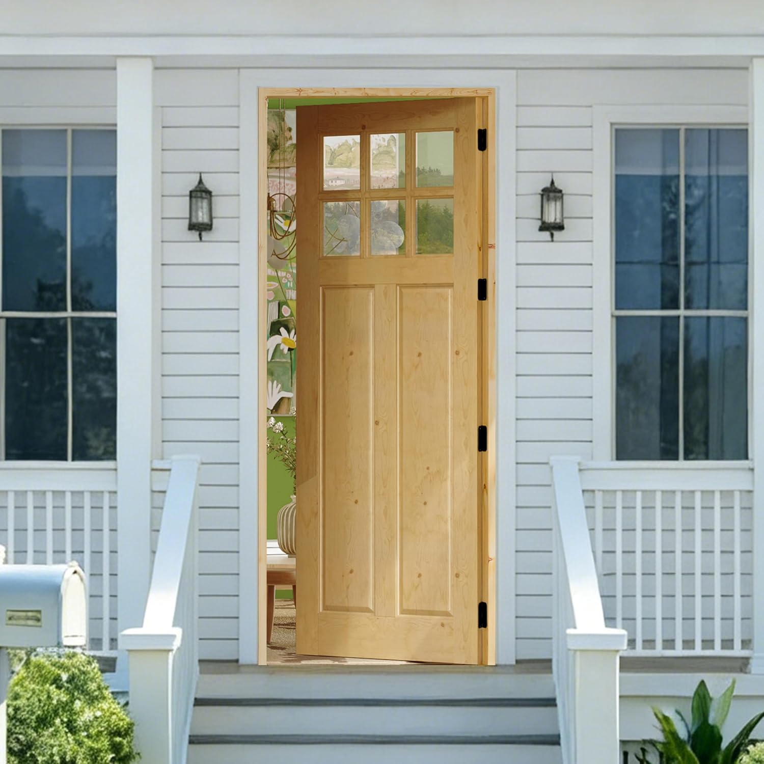 Front Door 32' x 80', 6-Lite Clear Glass Exterior Prehung Door, Right-Hand Inswing Entry Door, Solid Wood Frame, Door Slab + Prehung Door Jamb Kit with 4 Black Hinges, Waterproof Primer