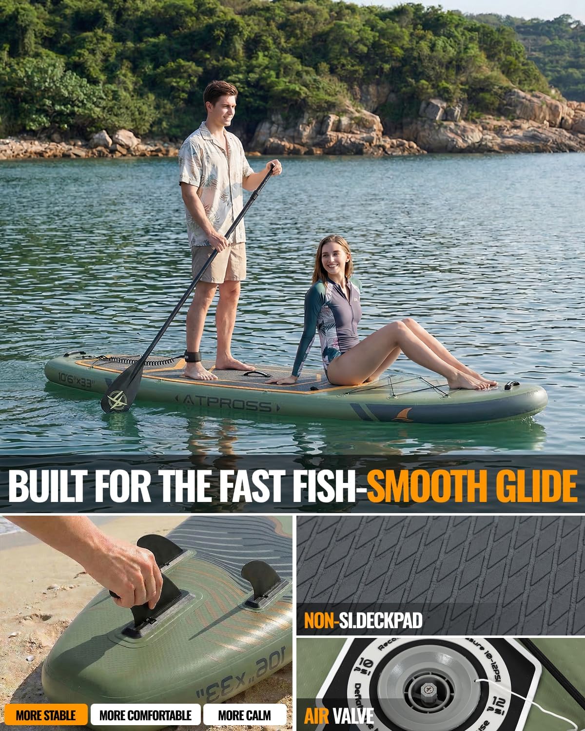 10'6''x33''Inflatable Stand Up Paddle Board, 400lbs Extra Wide Stand Up Paddleboard with Kayak Seat, Anti-Slip EVA Deck Premium SUP Accessories Kit, Non-Slip Stable Deck Boat