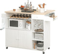 IRONCK Rolling Kitchen Island Cart with Drop-Leaf and Wine Rack, Microwave Rack Serving Cart on Wheels with Drawer & Shelves & Spice Rack & Cup Hanging, White