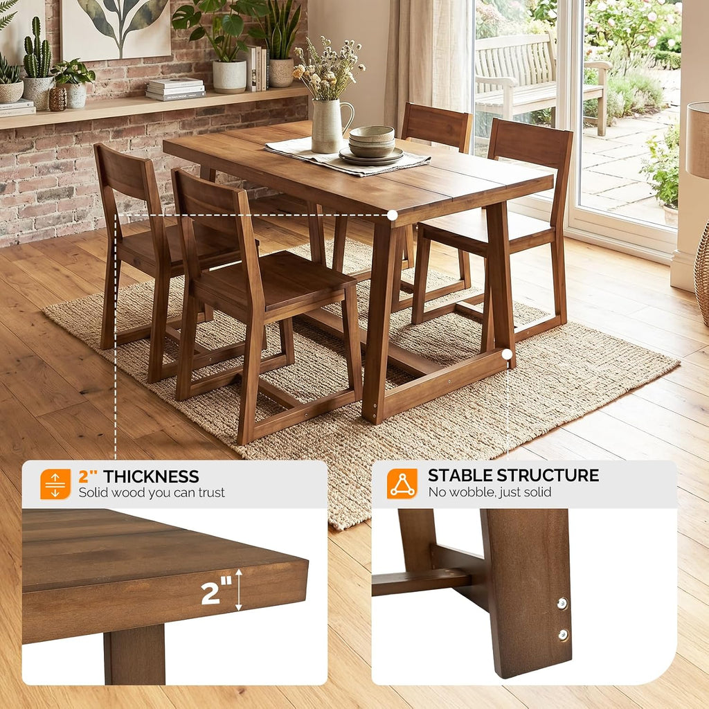 VINGLI 48 Inch Farmhouse Dining Table for 4-6, Solid Pine Wood Table with 4 Corner Protectors, Rectangular Dining Table for Kitchen, Dining Room, Small Apartment, Studio, Family Dinner, Walnut