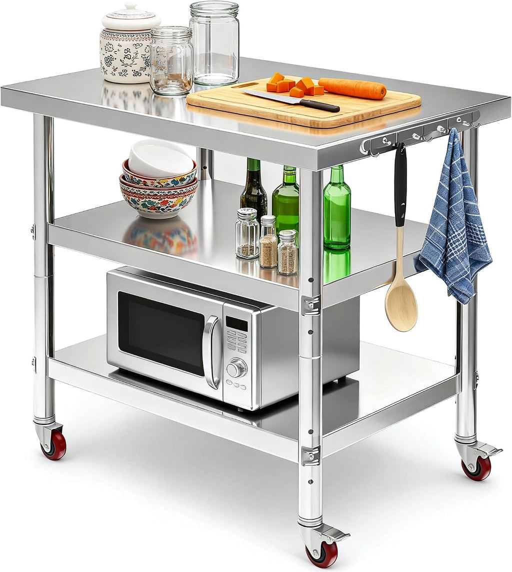 DWVO 30x24in Stainless Steel Table, NSF Metal Prep Worktable with 2 Adjustable Shelves & Wheels for Kitchen Restaurant Hotel Garage Warehouse Home