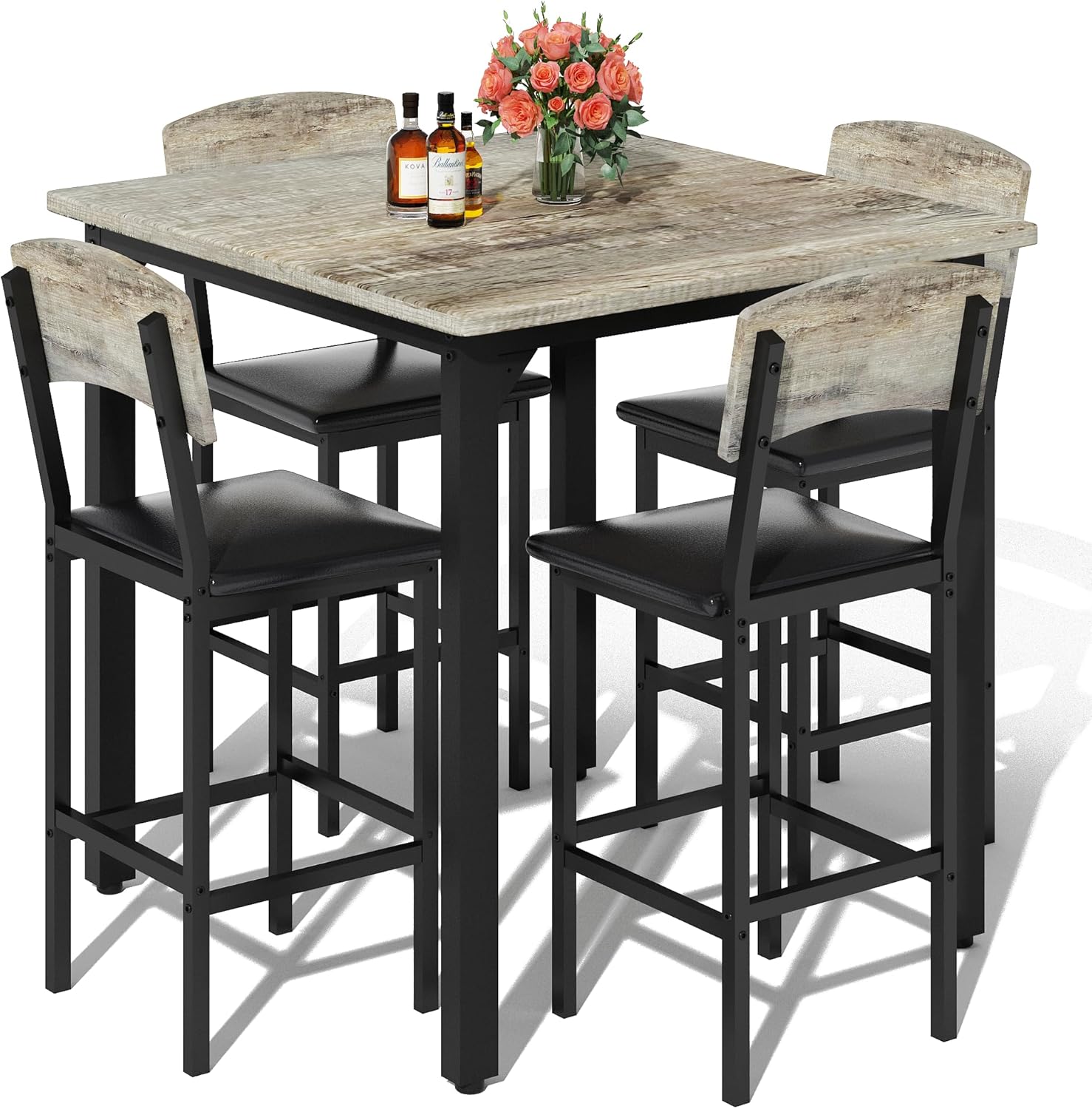 AWQM 5-Piece Dining Table Set, Dining Table Set for 4, Counter Height Table & 4 Bar Stools, Modern Kitchen Dining Set, with Upholstered Chairs, Compact Dining Set for Small Spaces, Gray