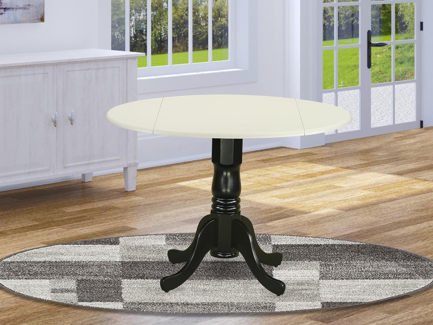 East West Furniture DLT-LBK-TP Dublin Kitchen Table - a Round Dining Table Top with Dropleaf & Pedestal Base, 42x42 Inch, Linen White & Black