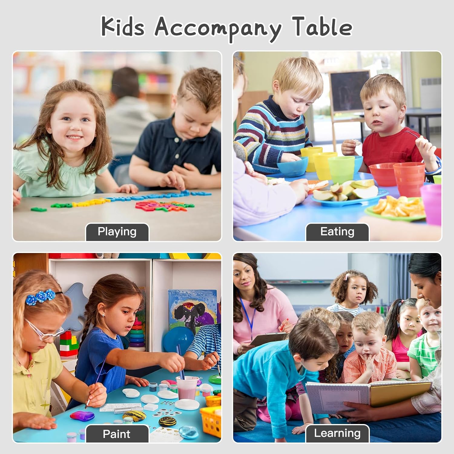 LulliSpace Kids Table and 4 Chairs Set，Height Adjustable Children Table & Chair，Toddlers Study Multi-Activity Table with 47.2'x23.6' Wipe-Clean Desktop，for Classrooms, Homes & Daycares