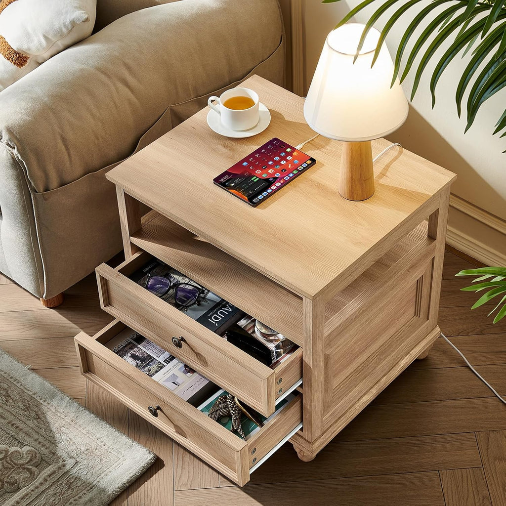 Joaxswe Farmhouse Nightstand Set of 2 with Charging Station, 24' Wide End Table with 2 Drawers,Natural Dresser for Bedroom,Bed Side Table Chest of Drawers Cabinet, Night Stand for Living Room