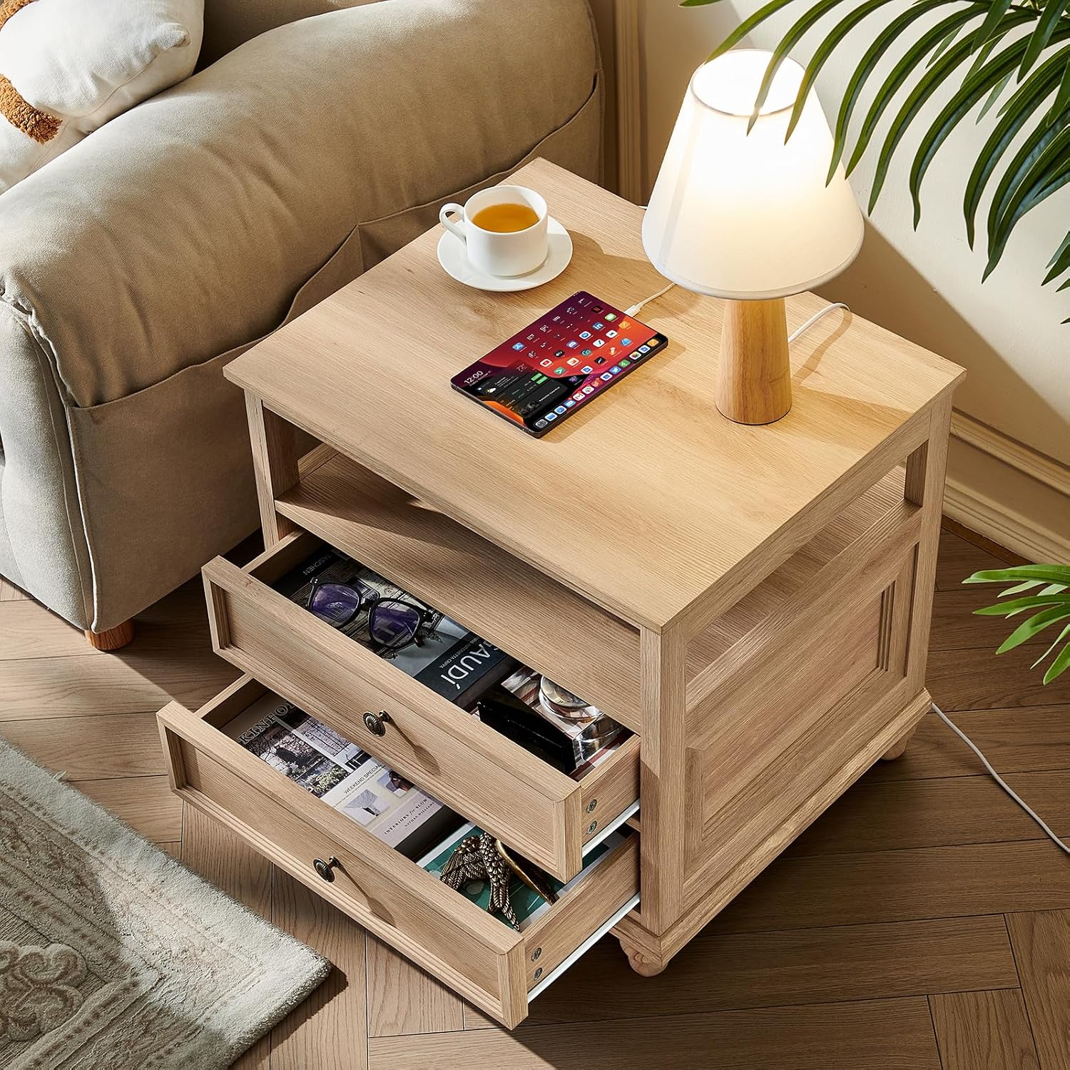 Joaxswe Farmhouse Nightstand Set of 2 with Charging Station, 24' Wide End Table with 2 Drawers,Natural Dresser for Bedroom,Bed Side Table Chest of Drawers Cabinet, Night Stand for Living Room