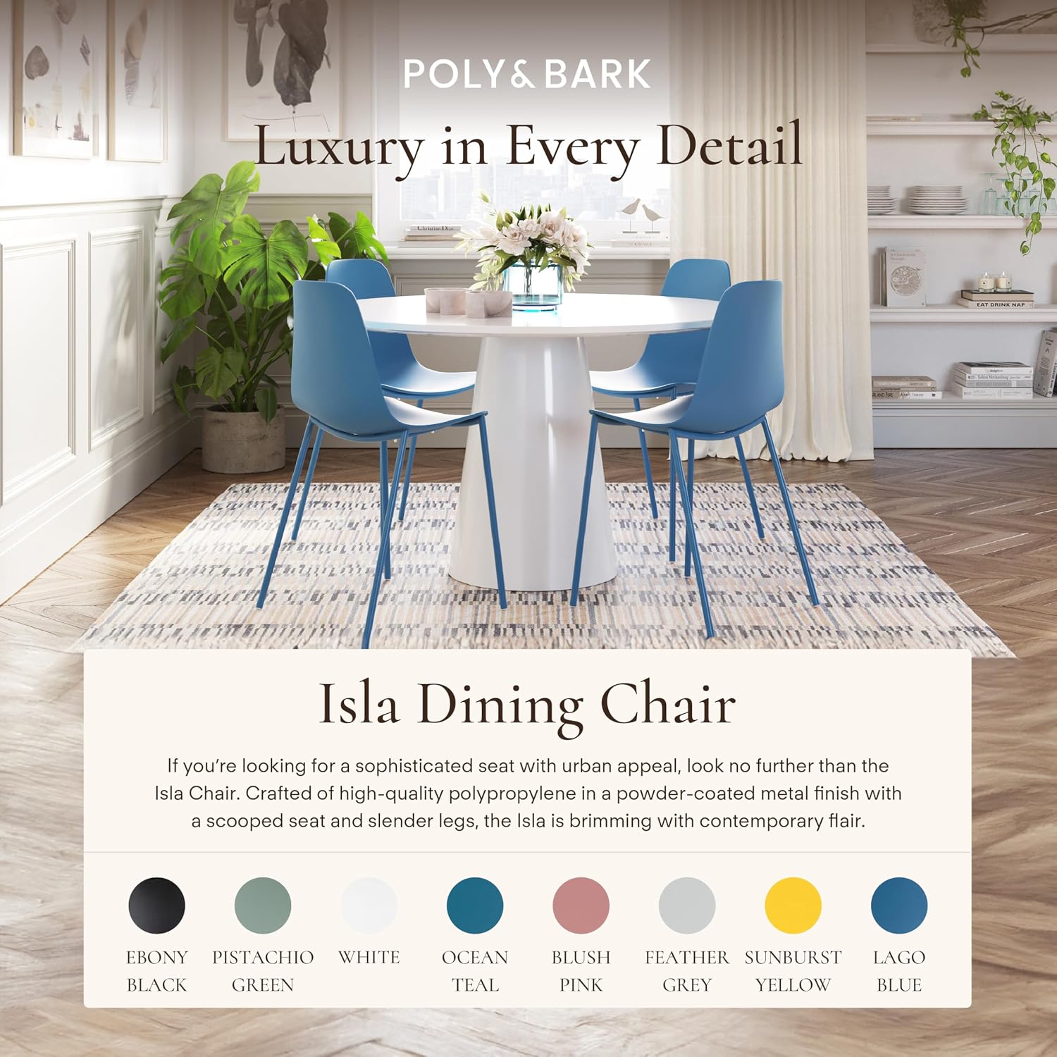 Poly & BARK Isla Modern Kitchen Chairs Set of 4 - Plastic Dining Chair with Metal Legs - Quick Assembly Simple Cafe Chairs Plastic for Indoor or Outdoor - Lago Blue