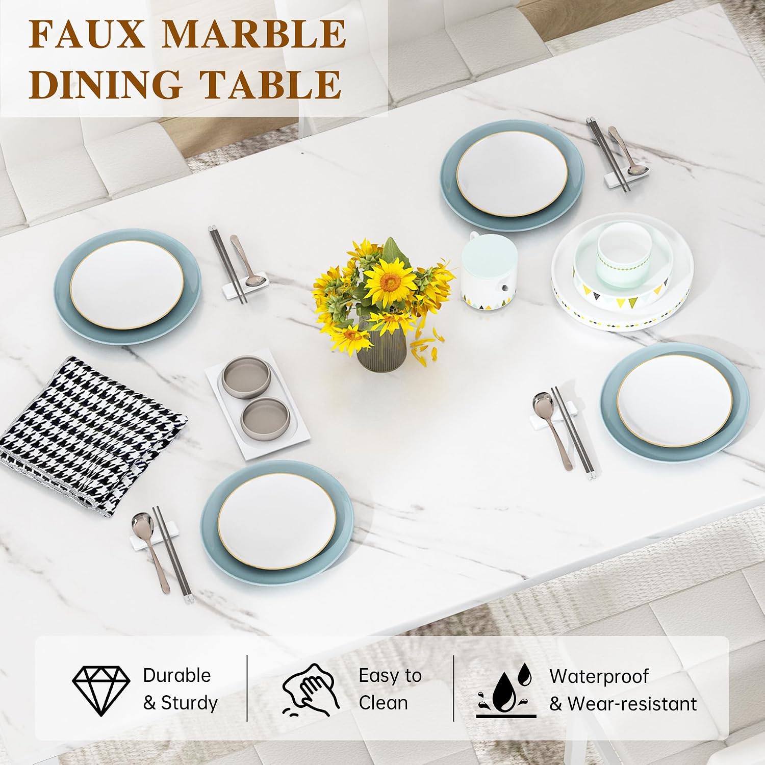 AWQM Dining Table Set for 4,Faux Marble Kitchen Table and Chairs Set of 4, Modern Dining Room Table Set for 4,Dinner Table with 4 Leather Chairs, Dinette Set for Small Spaces,White