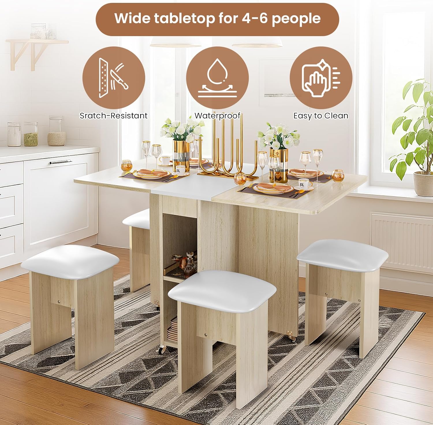 AWQM Foldable Dining Table Set for 4,Folding Dining Table with 4 Leather Chairs & Storage,Drop Leaf Dinner Table with 6 Wheels,Folding Kitchen Table and Chairs Set for Small Spaces,Beige