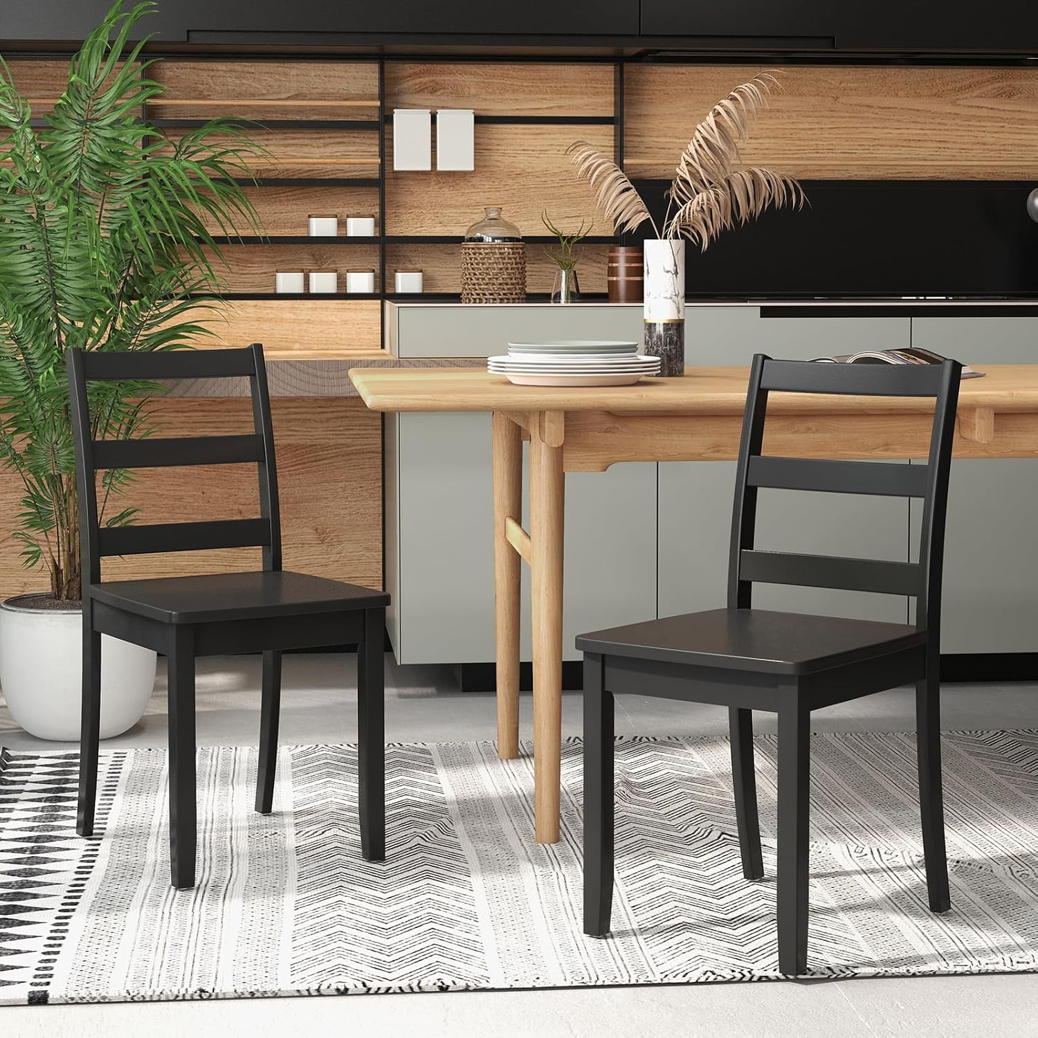 Giantex Wood Dining Chairs Set of 4 Black- Wooden Armless Kitchen Chairs with Solid Rubber Wood Legs, Non-Slip Foot Pads, Max Load 400 Lbs, Farmhouse Style High Ladder Back Wooden Dining Room Chairs