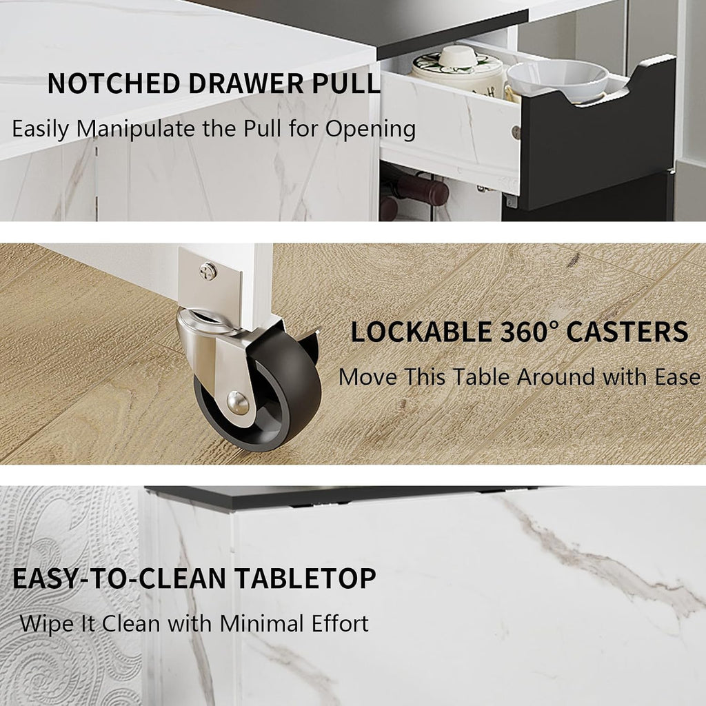 White Marble Mobile Folding Dining Table - 6-Wheel Rolling Kitchen Cart with Storage, Drop Leaf Design for Small Spaces, Seats 4-6