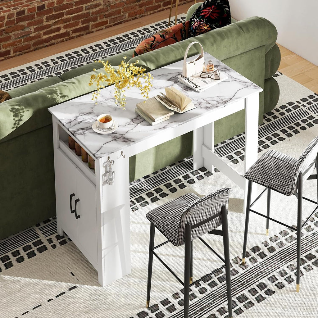 COSTWAY Bar Table, Modern Faux Marble Breakfast Table with 7 Hanging Hooks, Open Compartment, Storage Cabinet & Adjustable Shelf, Counter Height Dining Table for Kitchen, Dining Room, Living Room