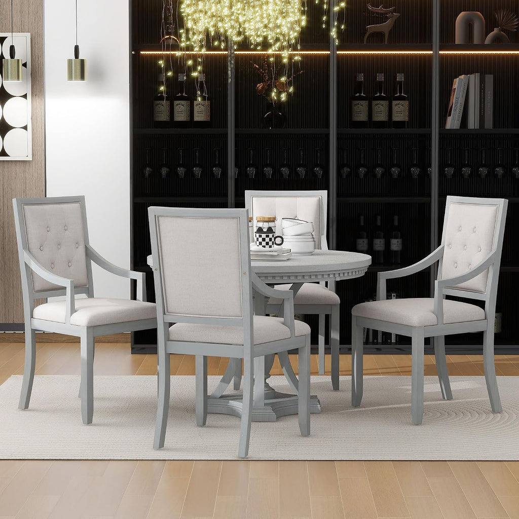 LUMISOL Round Dining Table Set for 4, 5-Piece Extendable Kitchen Table Set with 4 Upholstered Chairs, Farmhouse Table and Chairs Set for Kitchen, Dining Room, Living Room, Antique Grey