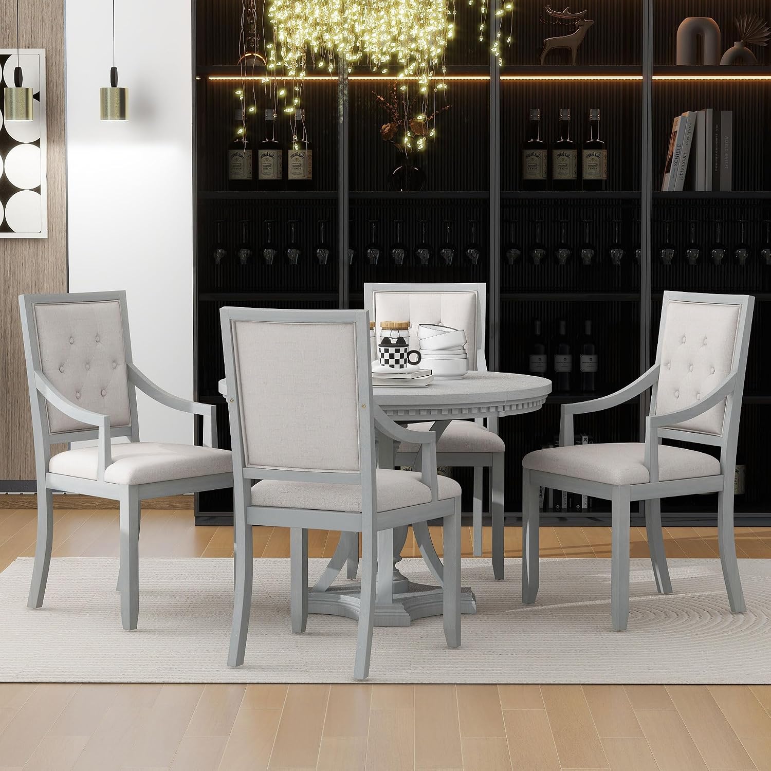 LUMISOL Round Dining Table Set for 4, 5-Piece Extendable Kitchen Table Set with 4 Upholstered Chairs, Farmhouse Table and Chairs Set for Kitchen, Dining Room, Living Room, Antique Grey