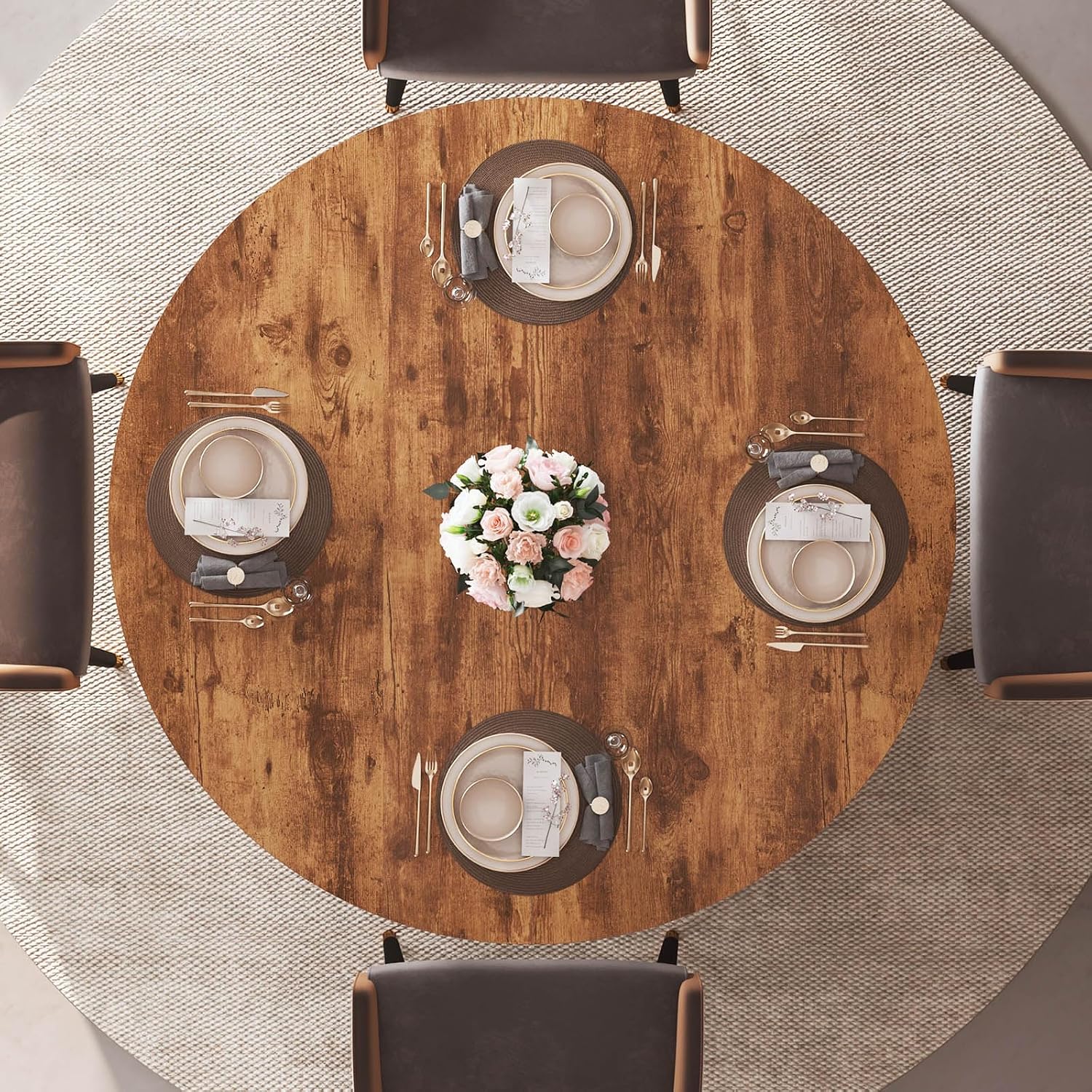 IBF Round Dining Table with Storage, Wood Kitchen Table with Fridge Space, Rustic Circle Dining Room Tables for 4-6, Farmhouse Circular Dinner Tables for Home, Rustic Brown, 47 Inch, Only Table