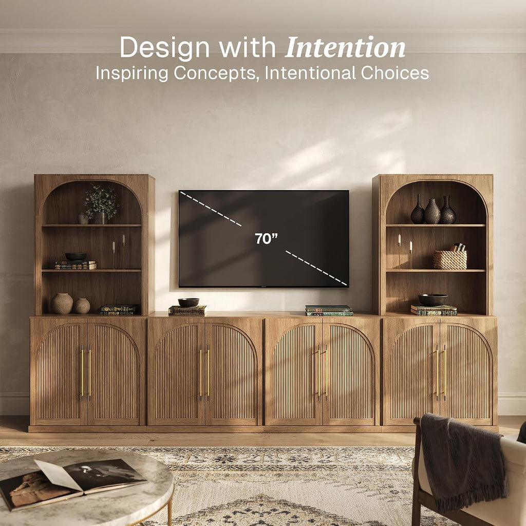 BELLEZE 6-Piece Modular TV Stand, Entertainment Center with Double-Arc Wood Door and Storage Hutch Cabinets, Classic Modern Media Console Table for Living Room Dining Room (Camel)