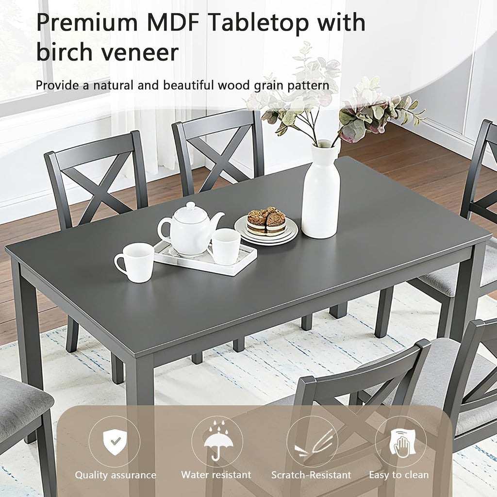 Harper & Bright Designs Modern 7-Piece Dining Set,58.5' Solid Wood Table & 6 Padded X-Back Style Chairs, Grey for Kitchen/Dining Room, 6-Person Seating