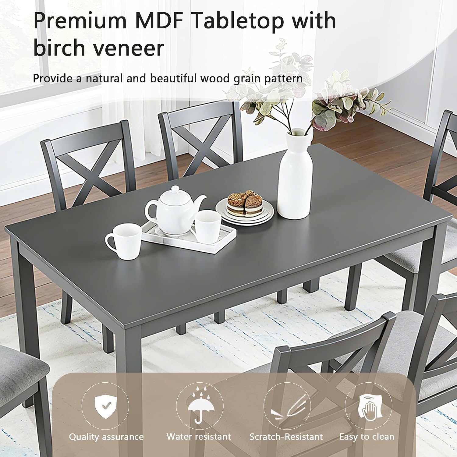 Harper & Bright Designs Modern 7-Piece Dining Set,58.5' Solid Wood Table & 6 Padded X-Back Style Chairs, Grey for Kitchen/Dining Room, 6-Person Seating