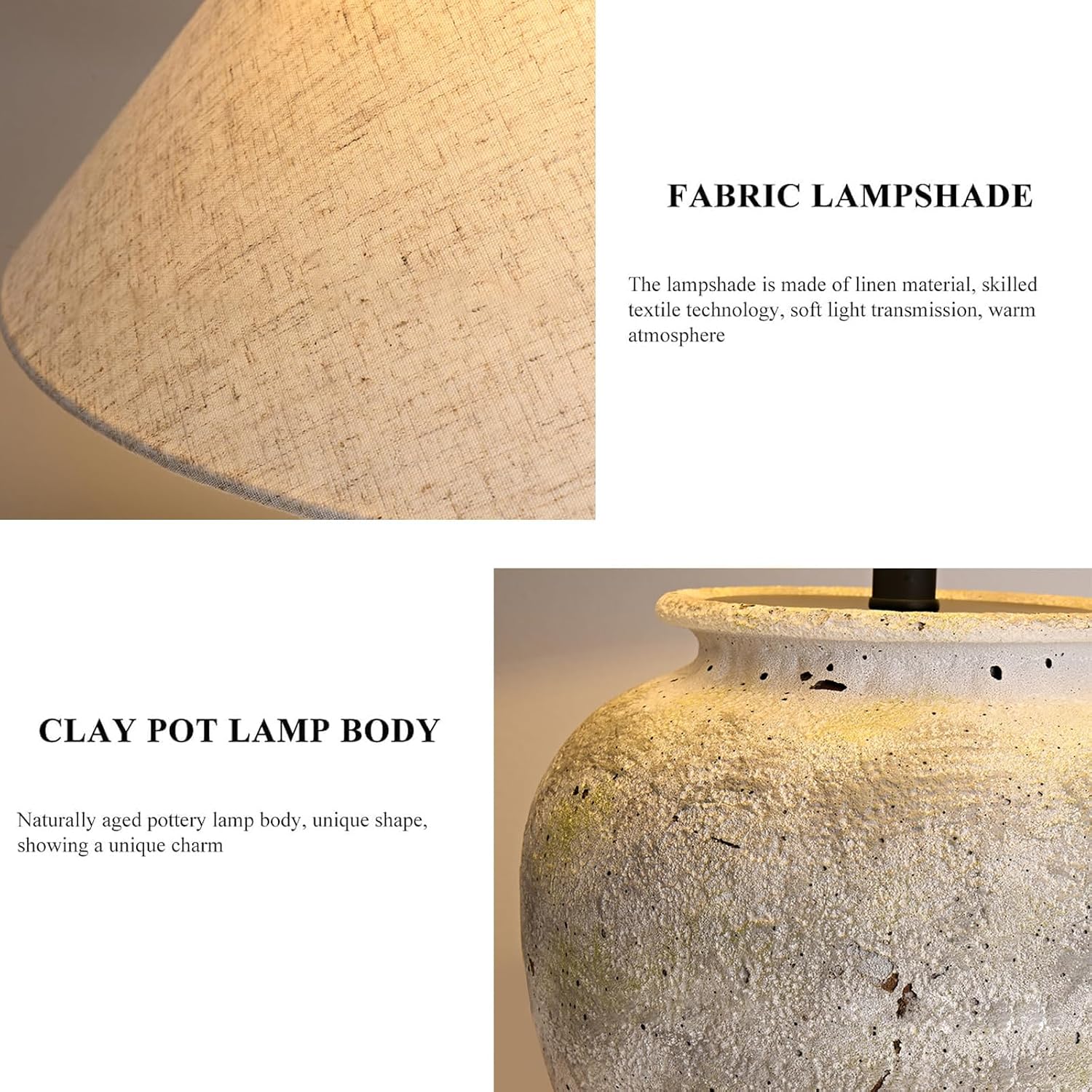 Farmhouse Table Lamp White Ceramic Lamps Rustic Clay Pot with Fabric Shade Decor for Living Room Bedroom House Bedside Nightstand Home Office