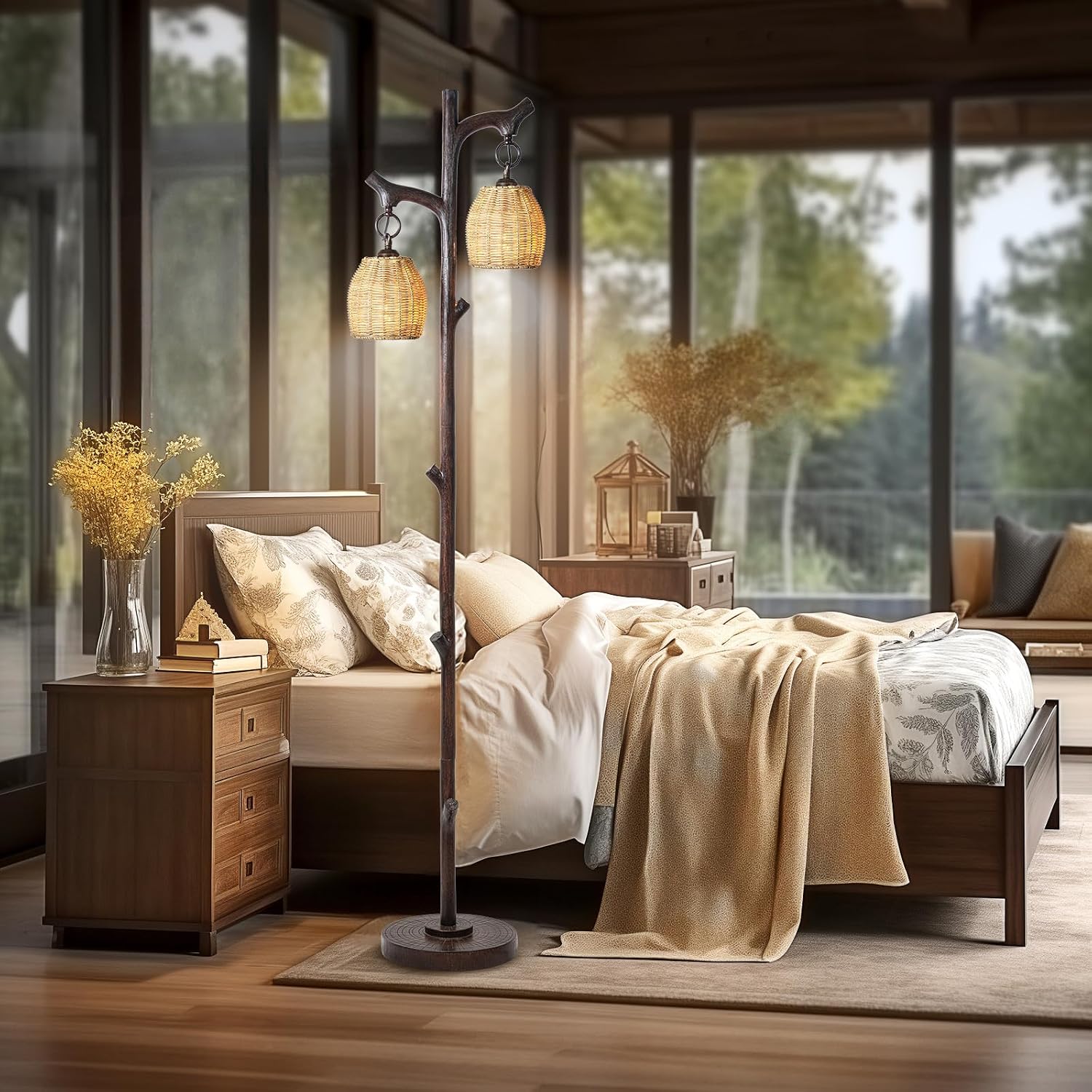 Scenekoy 68' High Farmhouse Rustic Country Cottage Floor Lamp Tree Trunk Faux Wood Column Dark Bronze Wicker Drum Shade Decor for Living Room Bedroom Reading Room