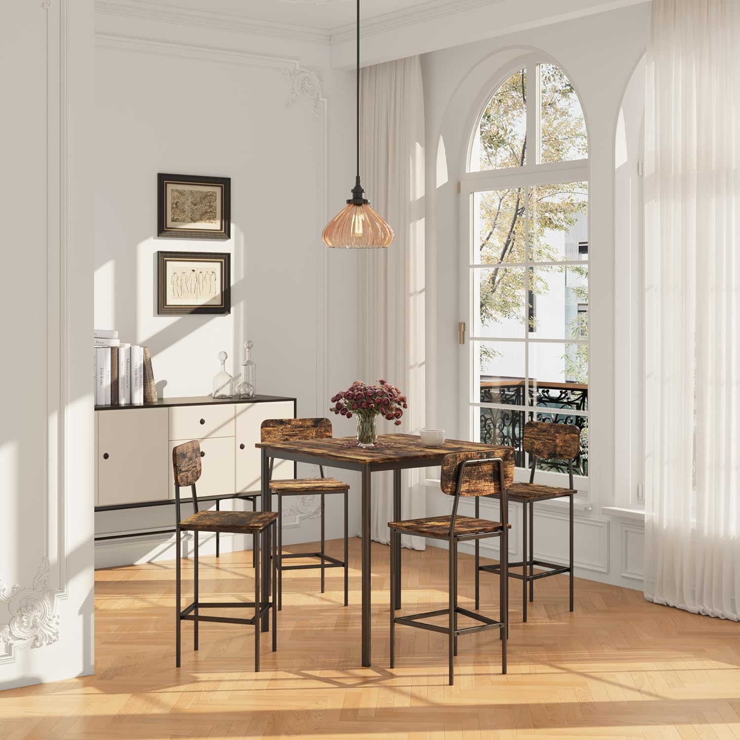 Kitchen Table and Chairs of 4, 5 Piece Dining Table Set, Sturdy Industrial Space Saving Dinette Set for Pub, Family Dinners, Apartment, Rustic Brown