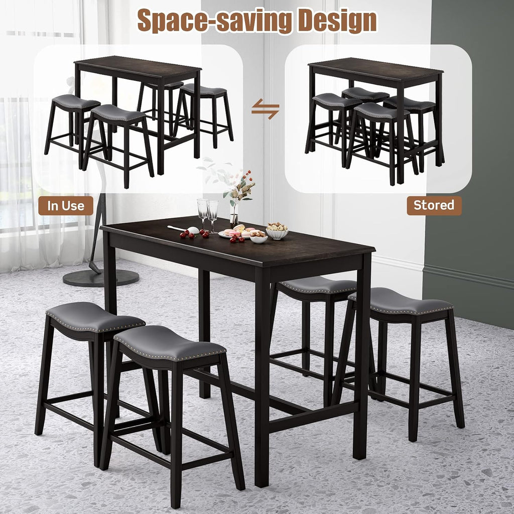 COSTWAY 5-Piece Dining Table Set for 4, Counter Height Breakfast Table and Upholstered 4 Saddle Stools, Space-Saving Design, Rubber Wood Pub Dinette Set for Bistro Dining Room Small Space, Black+Grey
