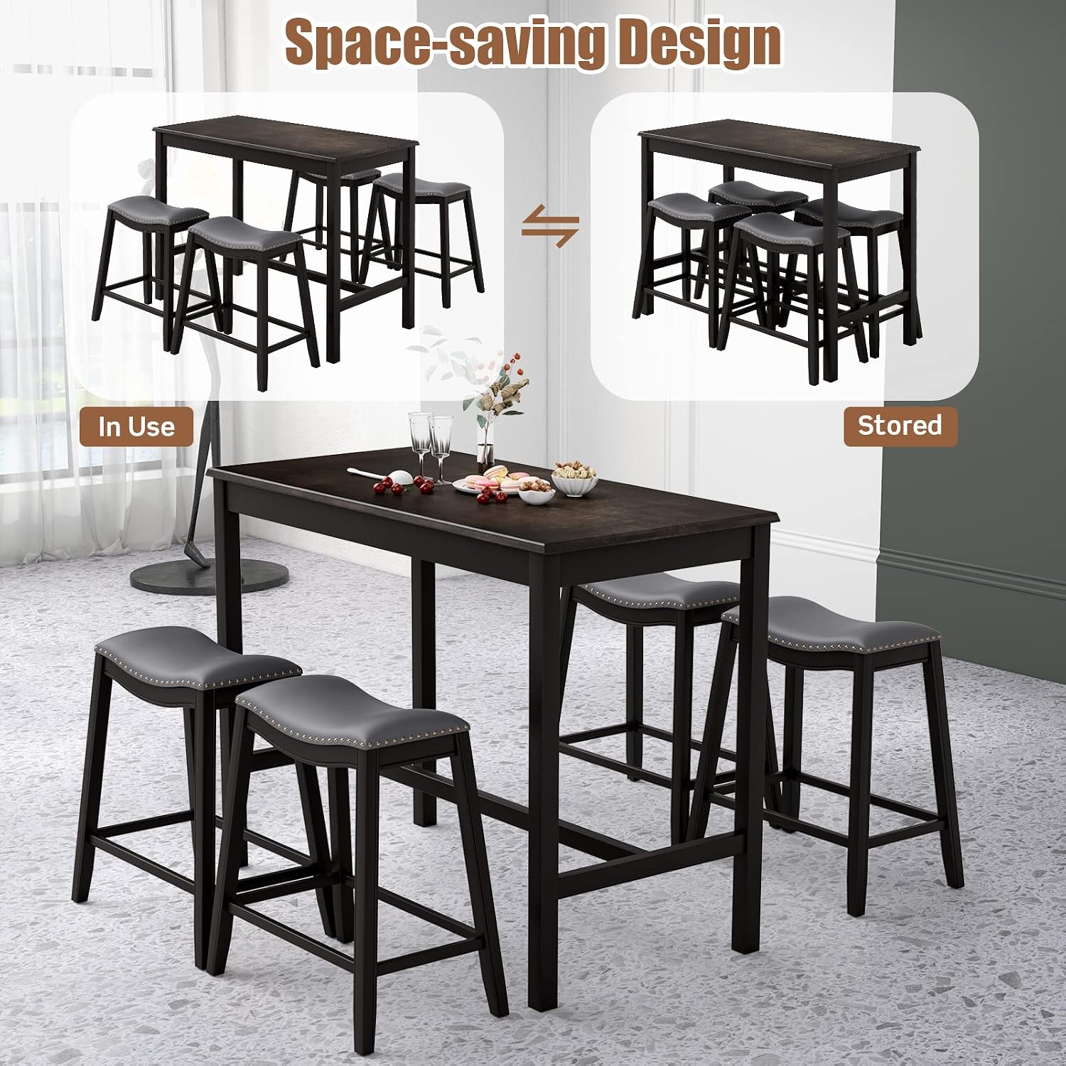 COSTWAY 5-Piece Dining Table Set for 4, Counter Height Breakfast Table and Upholstered 4 Saddle Stools, Space-Saving Design, Rubber Wood Pub Dinette Set for Bistro Dining Room Small Space, Black+Grey