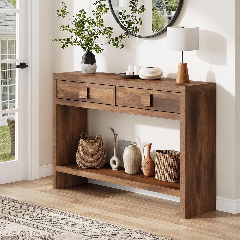 ONBRILL Console Table with Drawers, 47 Inch Narrow Entryway Table with Open Storage Shelves, Mid Century Modern Hallway Accent Tables Behind Couch Table for Living Room (Vintage Brown)