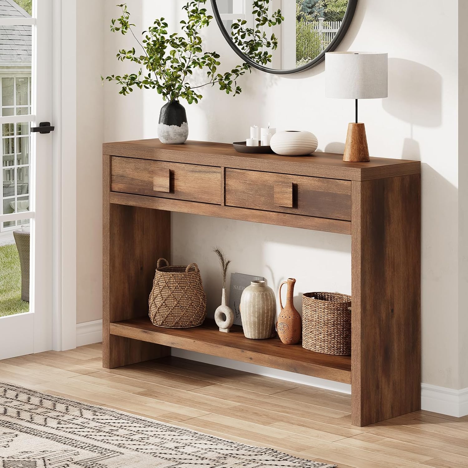 ONBRILL Console Table with Drawers, 47 Inch Narrow Entryway Table with Open Storage Shelves, Mid Century Modern Hallway Accent Tables Behind Couch Table for Living Room (Vintage Brown)